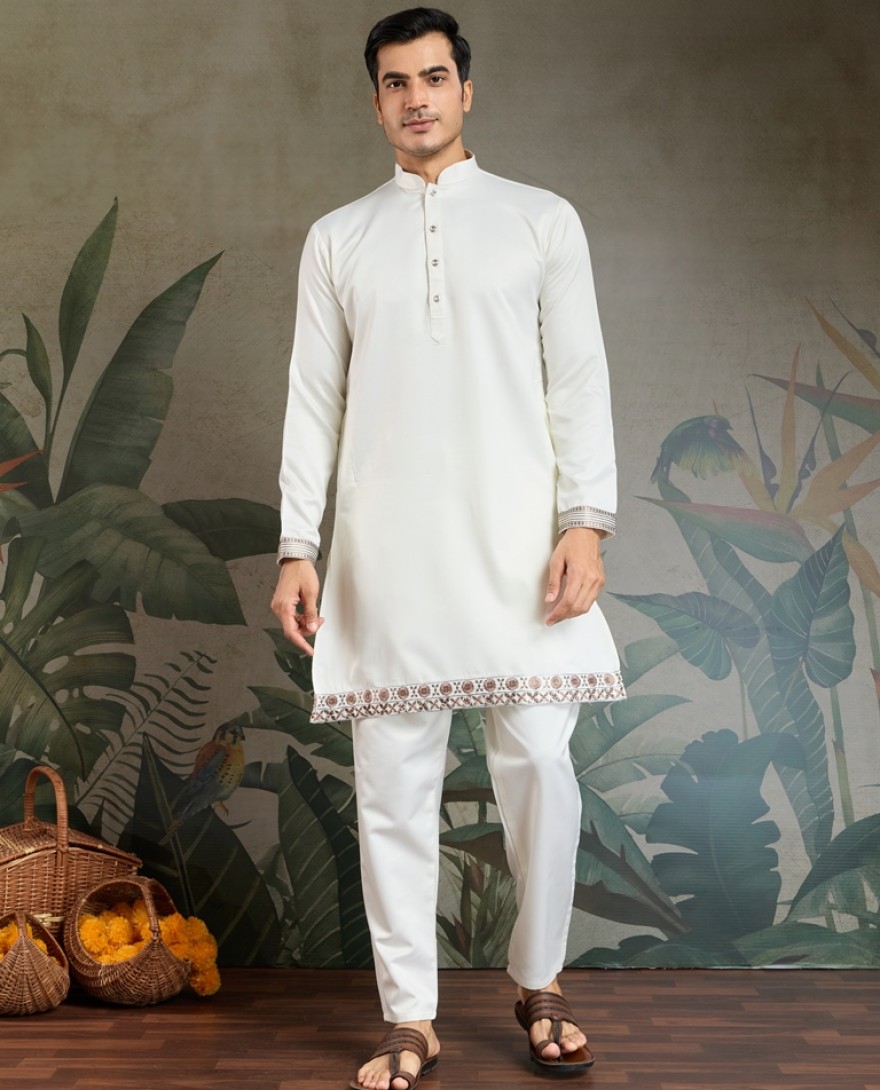 61103-WHITE  - Ivory Embroidered Kurta Set for Men